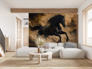 Black horse galloping through a stormy landscape||