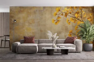 Ginkgo leaves in yellow against a textured background