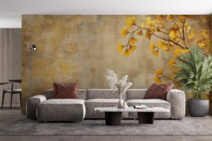 Ginkgo leaves in yellow against a textured background||