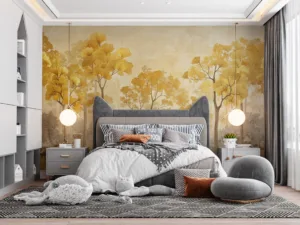 Golden autumn forest with vibrant leaves||