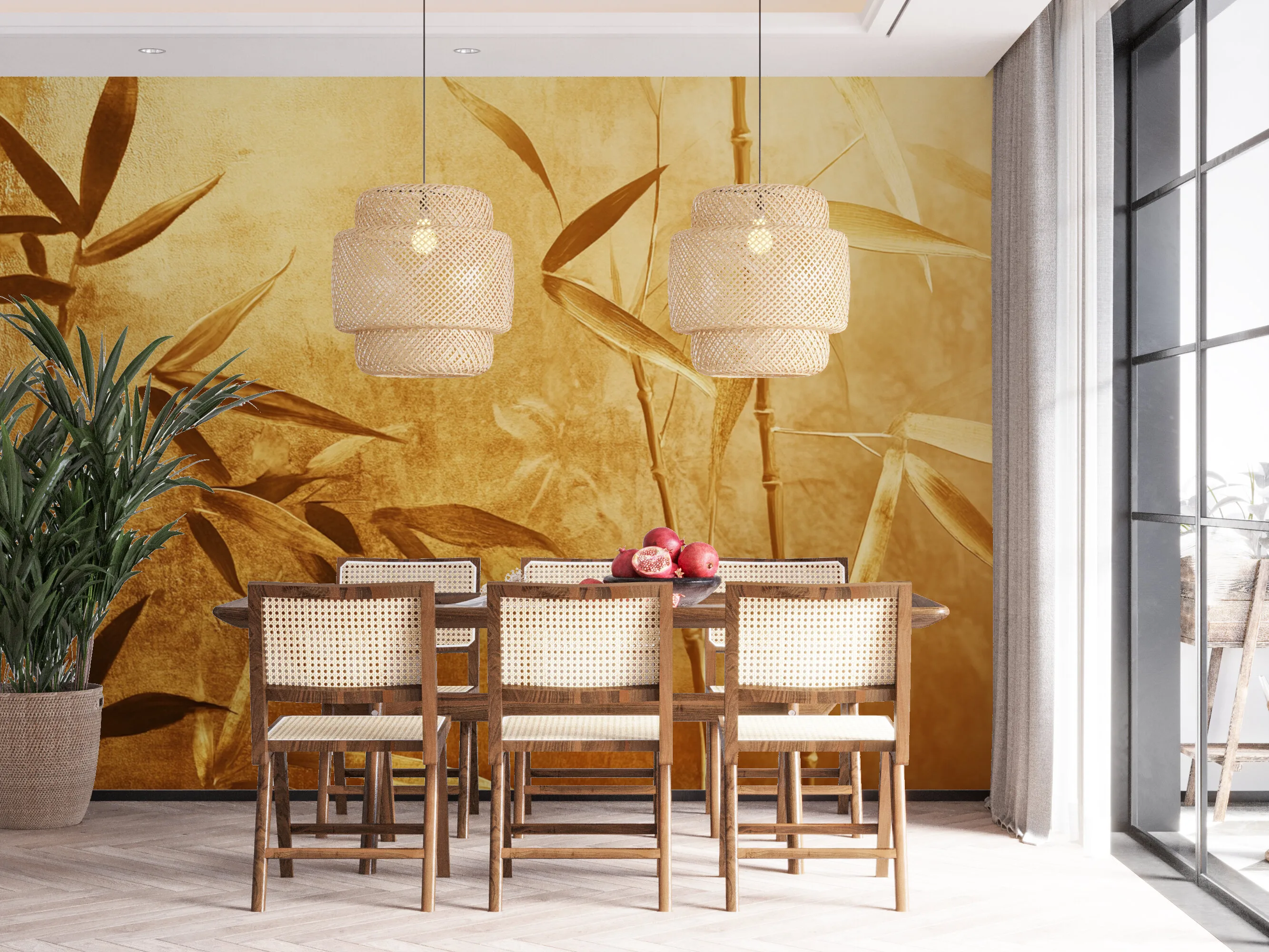 Rendered wallpaper image for Golden Bamboo Serenity Wall Mural
