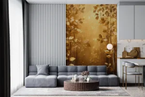 Artistic golden forest scene with warm colors and tranquil atmosphere.||