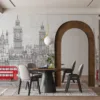 Detailed hand-drawn cityscape illustration of London featuring Big Ben and red buses.||