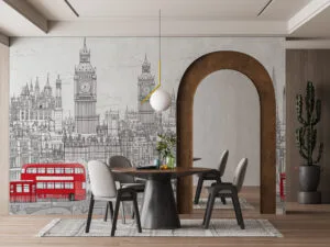 Detailed hand-drawn cityscape illustration of London featuring Big Ben and red buses.