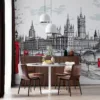 Hand-drawn cityscape of London with Big Ben|Houses of Parliament|red buses