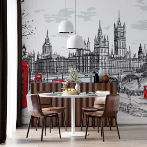 Hand-drawn cityscape of London with Big Ben|Houses of Parliament|red buses