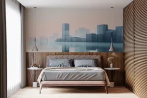 Sleek minimalist cityscape of Helsinki reflected in calm water.||