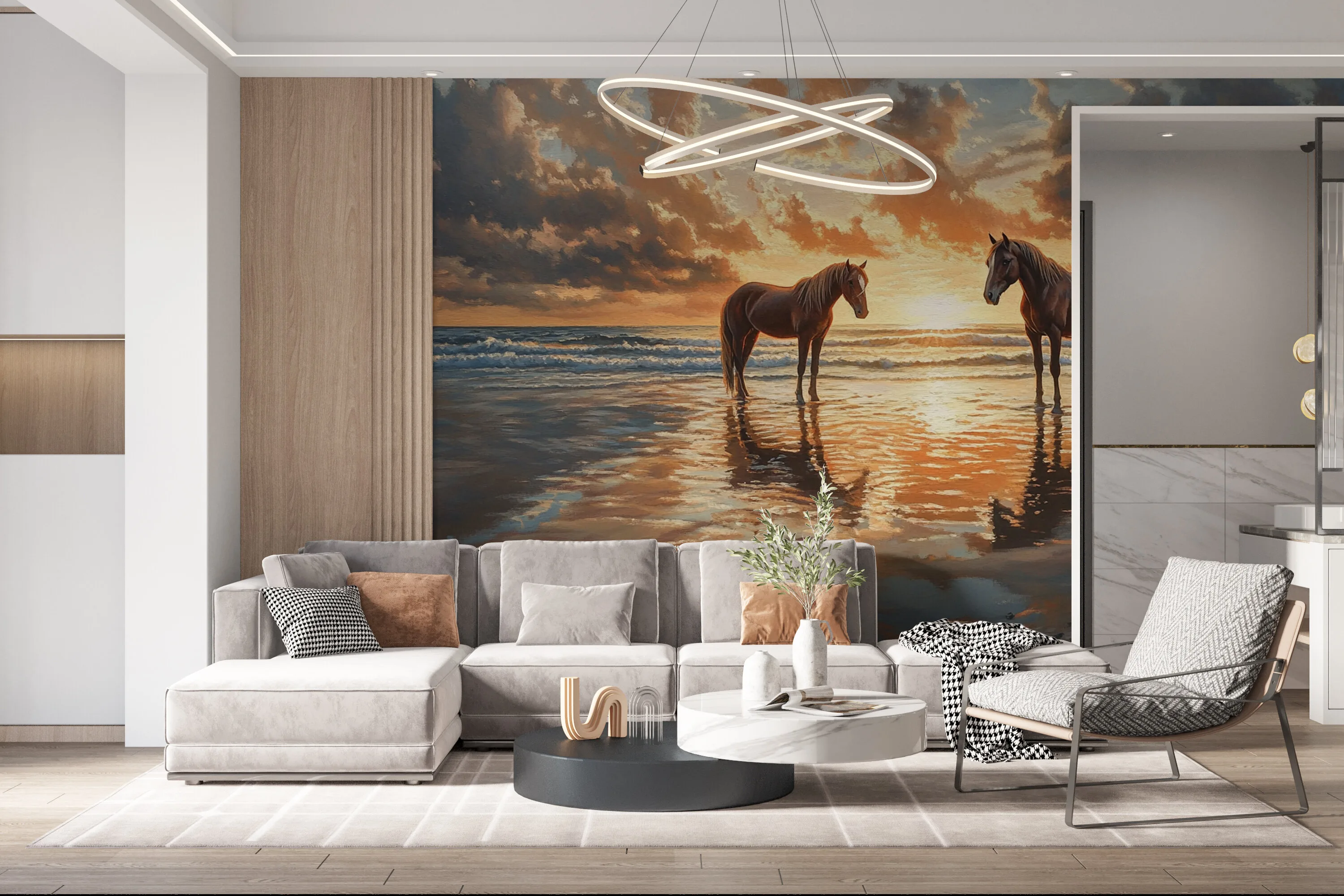 Rendered wallpaper image for Horses at Sunset on the Beach Wall Mural