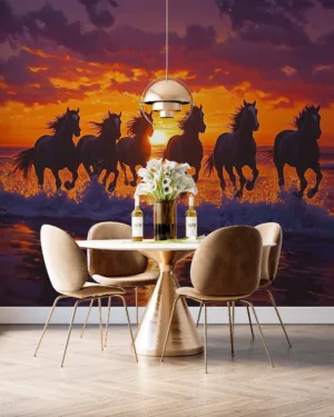 Five horses running along the shoreline at sunset||