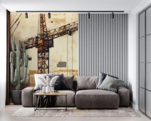 Industrial urban landscape with construction cranes and abstract buildings.