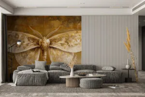 Intricately designed moth with detailed patterns set against an abstract textured background.