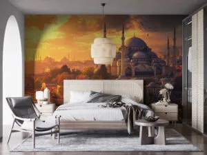 Istanbul skyline at sunset featuring a mosque and vibrant colors