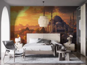 Istanbul skyline at sunset featuring a mosque and vibrant colors||