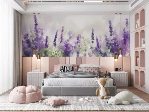 Watercolor painting of lavender flowers in a serene natural setting.||