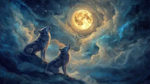 Alternative view of Luminous Wolves Howling at the Moon Wall Mural