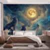 Two wolves howling at a luminous moon in a celestial landscape||