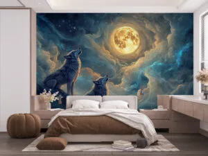 Two wolves howling at a luminous moon in a celestial landscape