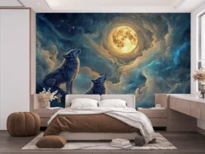 Two wolves howling at a luminous moon in a celestial landscape||