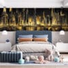 Luxurious Dubai skyline at night with modern skyscrapers in black and gold hues