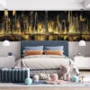 Luxurious Dubai skyline at night with modern skyscrapers in black and gold hues