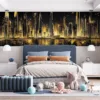 Luxurious Dubai skyline at night with modern skyscrapers in black and gold hues||