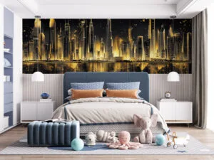 Luxurious Dubai skyline at night with modern skyscrapers in black and gold hues