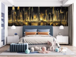 Luxurious Dubai skyline at night with modern skyscrapers in black and gold hues||