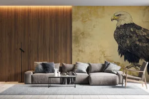 Illustration of a bald eagle on a textured golden background||