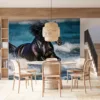 Black horse running through ocean water with splashes|coastal backdrop|