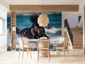 Black horse running through ocean water with splashes|coastal backdrop|