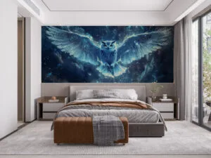 Majestic owl with wings spread wide against a cosmic background filled with stars and swirling clouds.