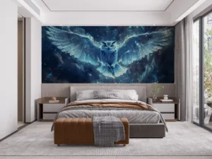 Majestic owl with wings spread wide against a cosmic background filled with stars and swirling clouds.||