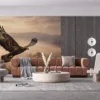 Eagle soaring through a misty landscape||