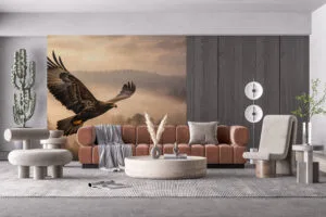 Eagle soaring through a misty landscape