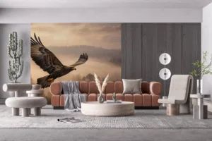 Eagle soaring through a misty landscape||