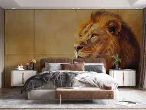 Close-up profile view of a majestic lion against a warm gradient background.||