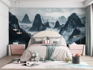 Dramatic mountainous landscape with misty atmosphere||
