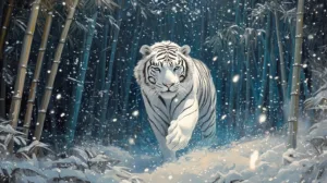 Alternative view of Majestic White Tiger in Snowy Bamboo Forest Wall Mural