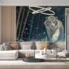 White tiger walking in a snowy bamboo forest with falling snowflakes||