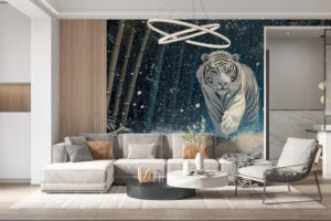 White tiger walking in a snowy bamboo forest with falling snowflakes