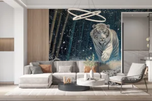 White tiger walking in a snowy bamboo forest with falling snowflakes||