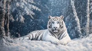 surrounded by falling snowflakes.