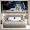 A majestic white tiger resting in a snowy forest|surrounded by falling snowflakes.|