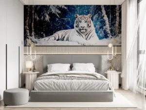 A majestic white tiger resting in a snowy forest|surrounded by falling snowflakes.|