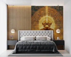 Stylized monkey figure in a meditative pose against a glowing background