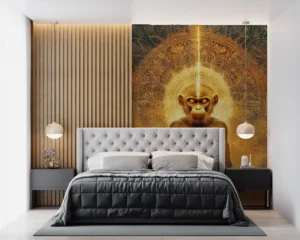Stylized monkey figure in a meditative pose against a glowing background||