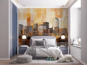 Stylized representation of Minneapolis skyline with warm colors