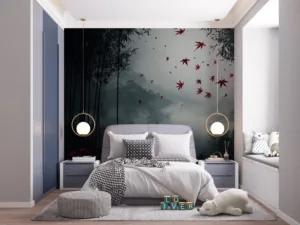 A serene forest scene with mist and dense tree coverage.||