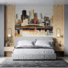 Stylized modern artistic interpretation of the Minneapolis skyline with geometric patterns.