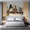 Stylized modern artistic interpretation of the Minneapolis skyline with geometric patterns.||